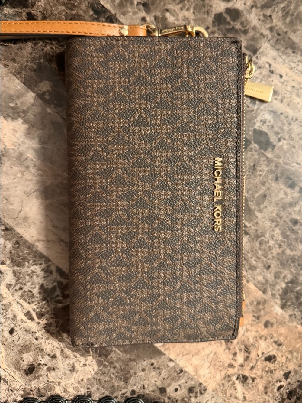 Michael Kors Brown Signature Wristlet Card Holder with Gold Hardware